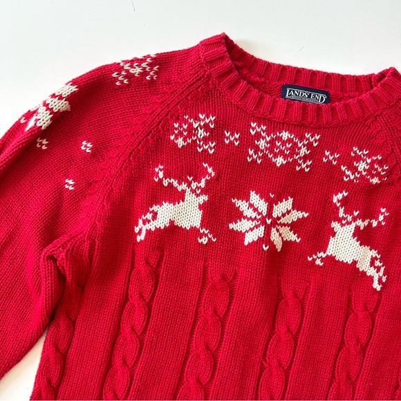 Lands’ End Classic Red Reindeer Cotton Crewneck Christmas Sweater - Picture 2 of 6